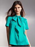 Women: Cotton tie-neck blouse - Cancun turquoise