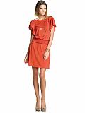 Women: Silk flutter-sleeve drop-waist dress - Rich coral