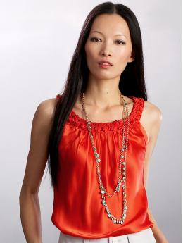 Women: Silk ruffle blouse - Rich coral