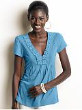 Women: Origami-trim v-neck top - Blue puddle