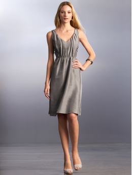 Women: Silk pleated v-neck dress - Shark grey