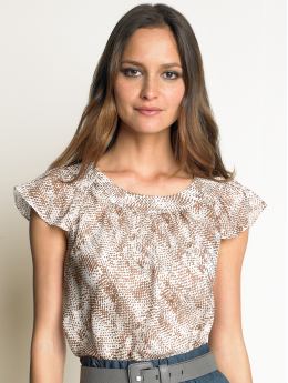 Women: Silk flutter-sleeve printed blouse - Nutcracker brown