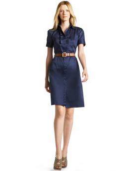 Women: Ruffle-front shirtdress - Military blue