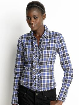 Women: Long-sleeve plaid ruffle shirt - True navy