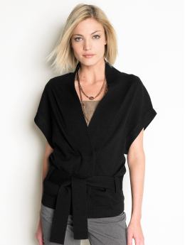 Women: Short-sleeve belted cardigan - Black