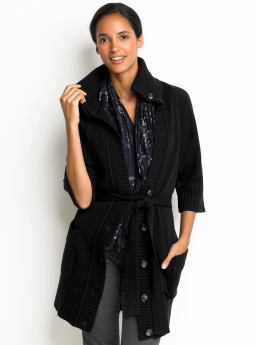 Women's extra long belted cardigan: Tall long cocoon-collar belted cardigan - Black