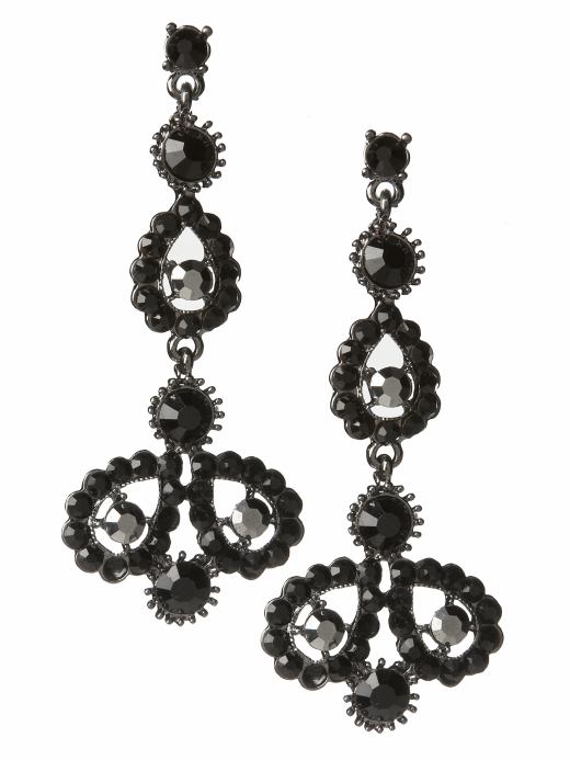 Baroque Chandelier Earring, 3" black, and silver-plated