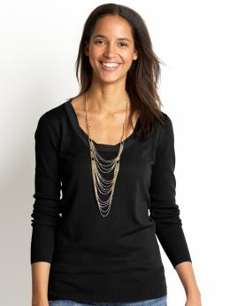 Women: Long-sleeve chiffon-trim sweater - Black