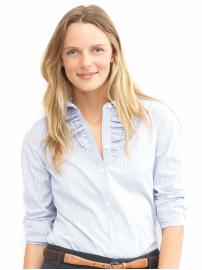Stretch cotton ruffled collar striped shirt