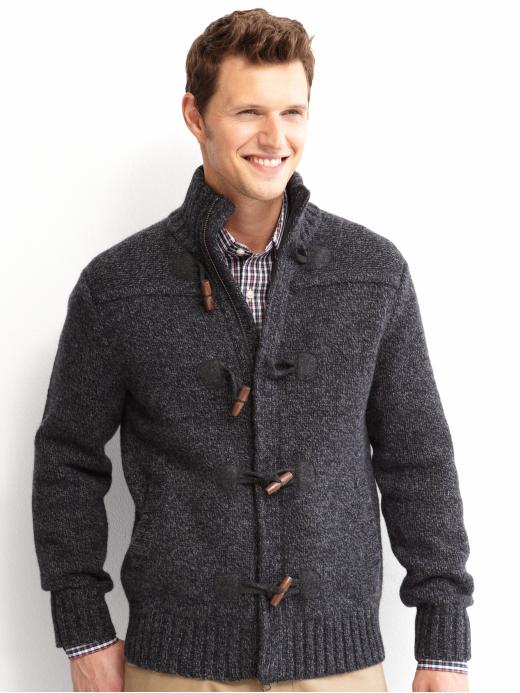 heathered navy cardigan sweater with toggle buttons from Banana Republic