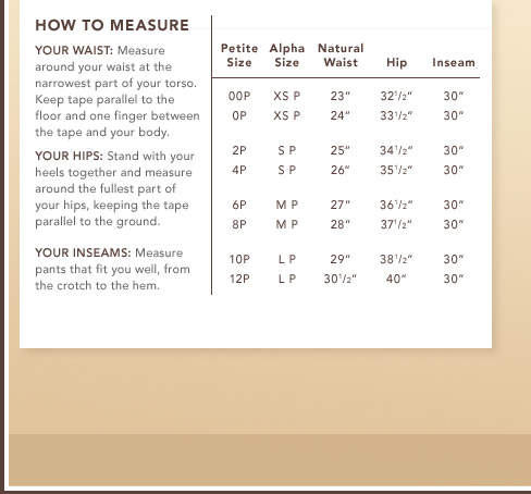 Petites' Pants Size Chart