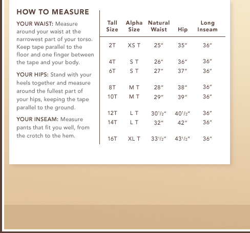 Women's Tall Pants Size Chart