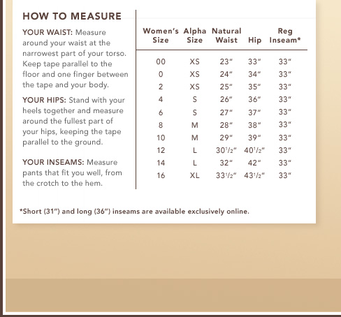 Women's Pants Size Chart