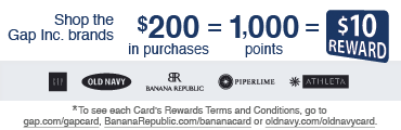 shop the gap inc. brands. $200 in purchases = 1,000 points = $10 reward. gap, old navy, banana republic, piperlime, athleta. *to see each card's rewards terms and conditions, go to gap.com/gapcard, bananarepublic.com/bananacard or oldnavy.com/oldnavycard.