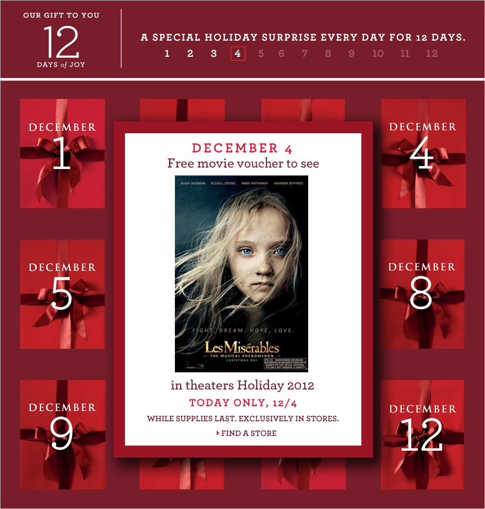 December 4 Free Movie Voucher to see Les Miserables in theaters Holiday 2012 in stores only