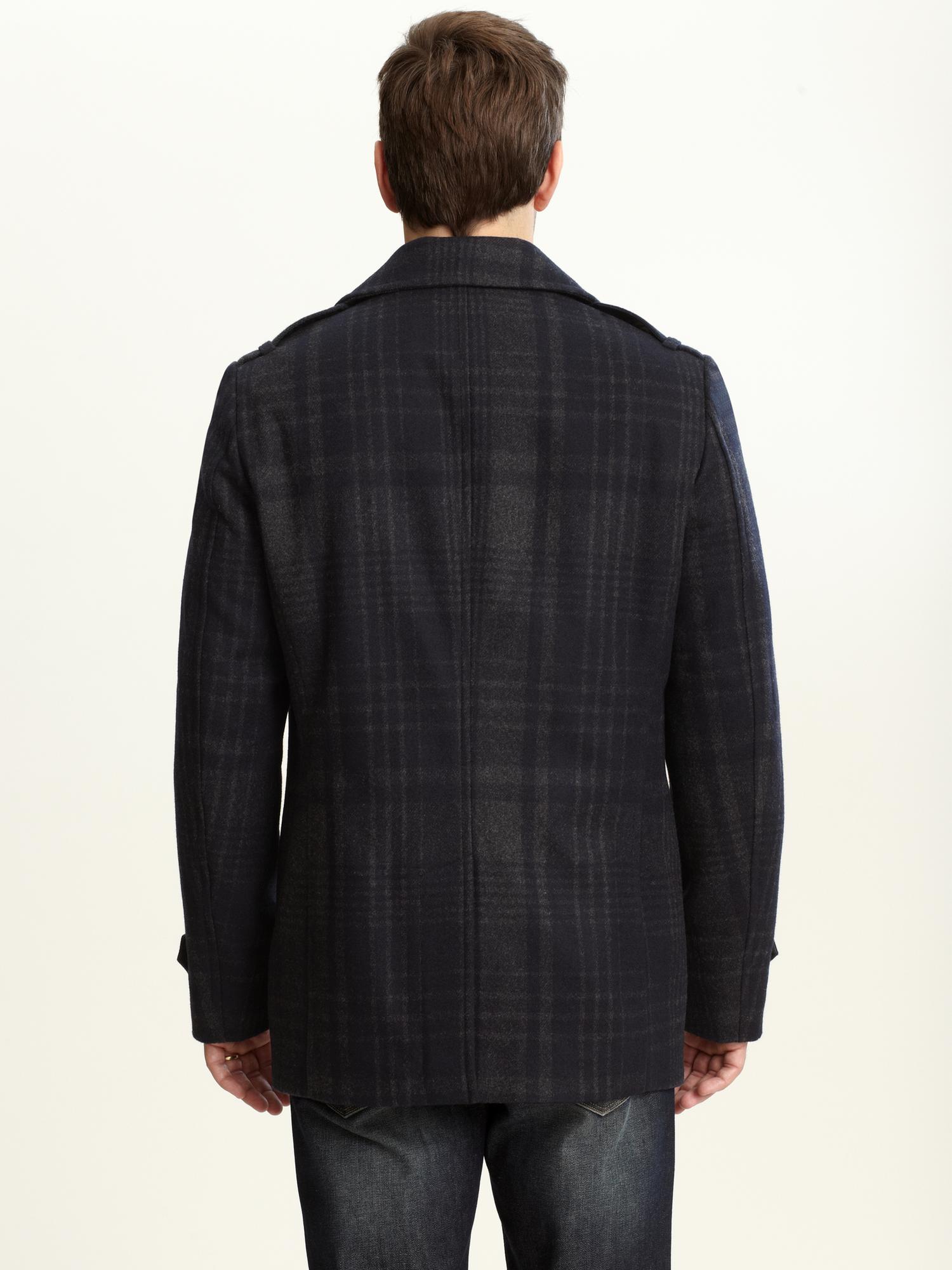 Double-breasted plaid peacoat
