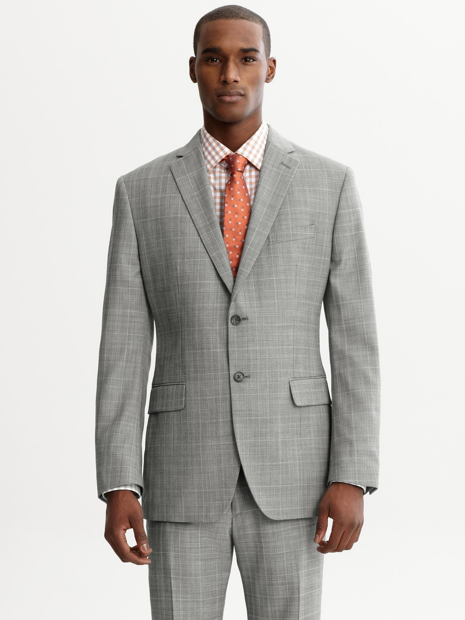 Tailored grey plaid wool two-button suit blazer