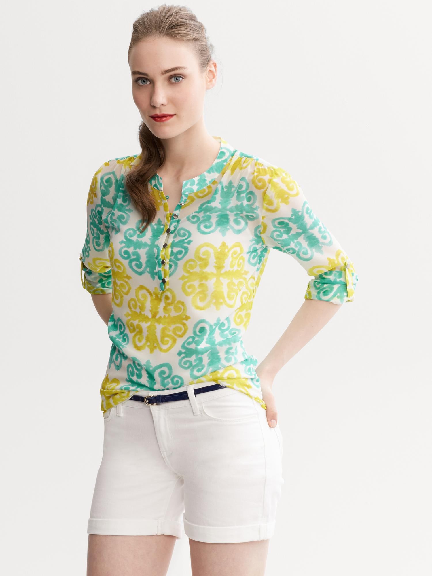Milly Collection Medallion Print Roll-Sleeve Top