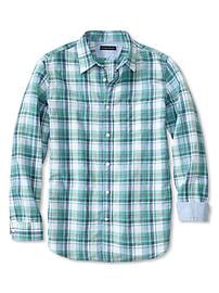 Slim-Fit Linen-Cotton Green Plaid Shirt
