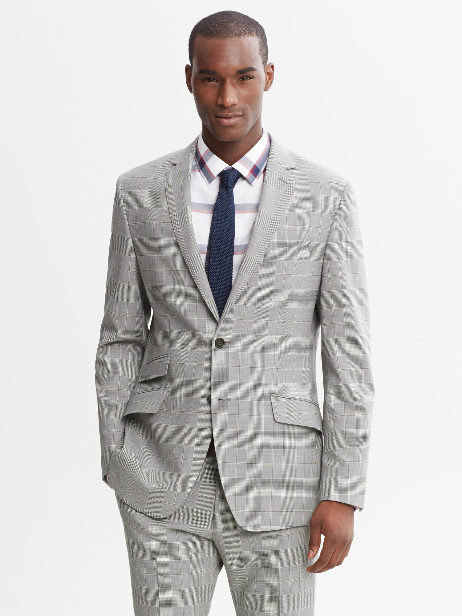 Modern Slim-Fit Light Grey Plaid Wool Suit Jacket