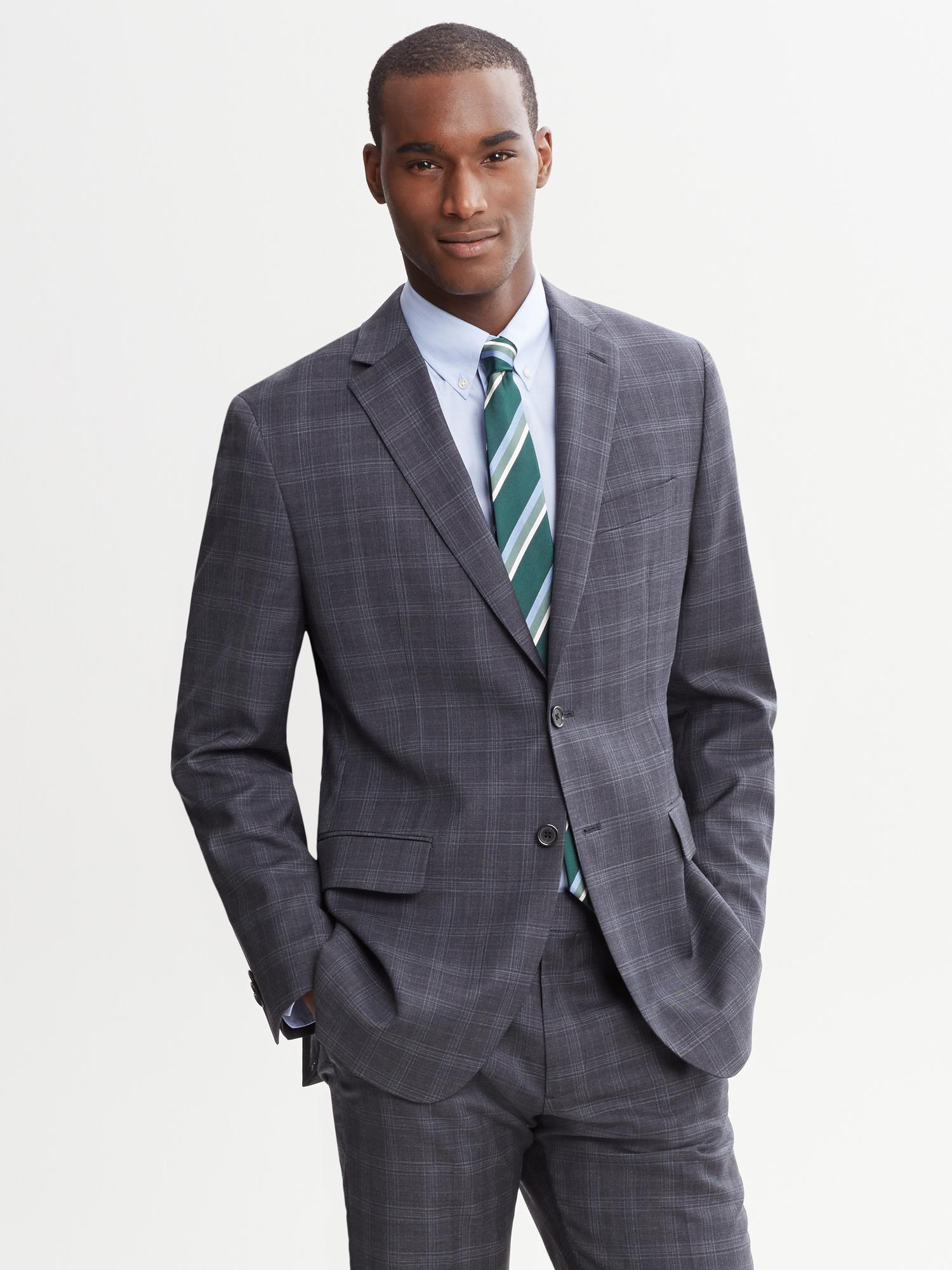Tailored-Fit Gray Plaid Wool Suit Jacket