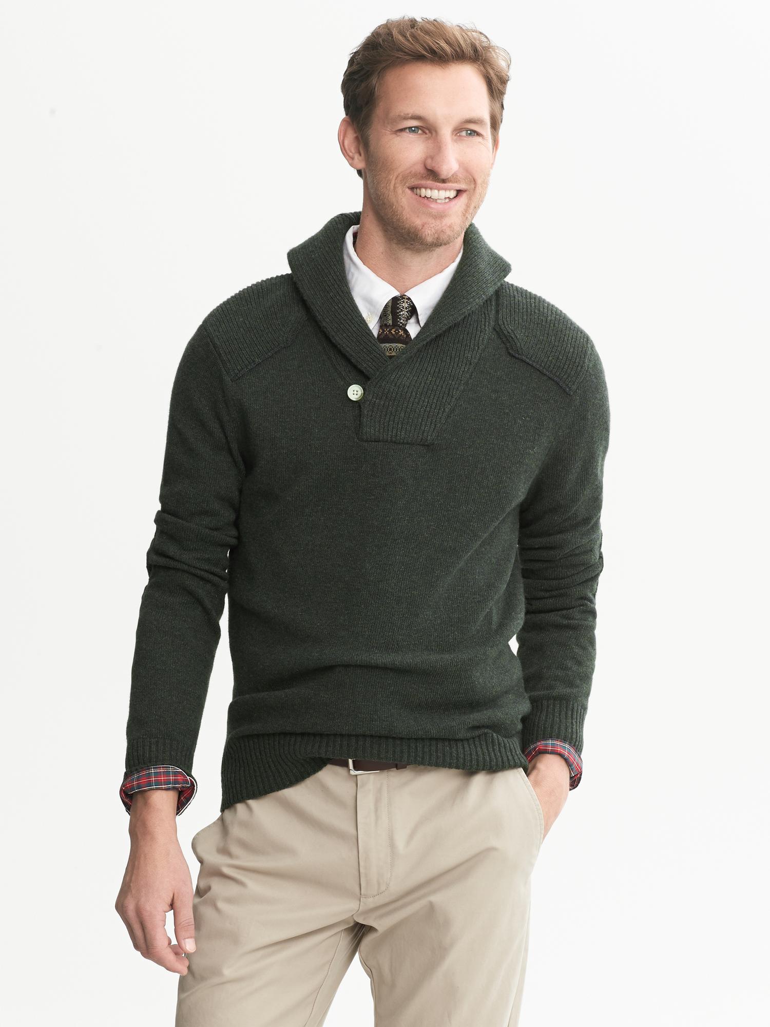 Merino Wool Buttoned Shawl-Collar Pullover