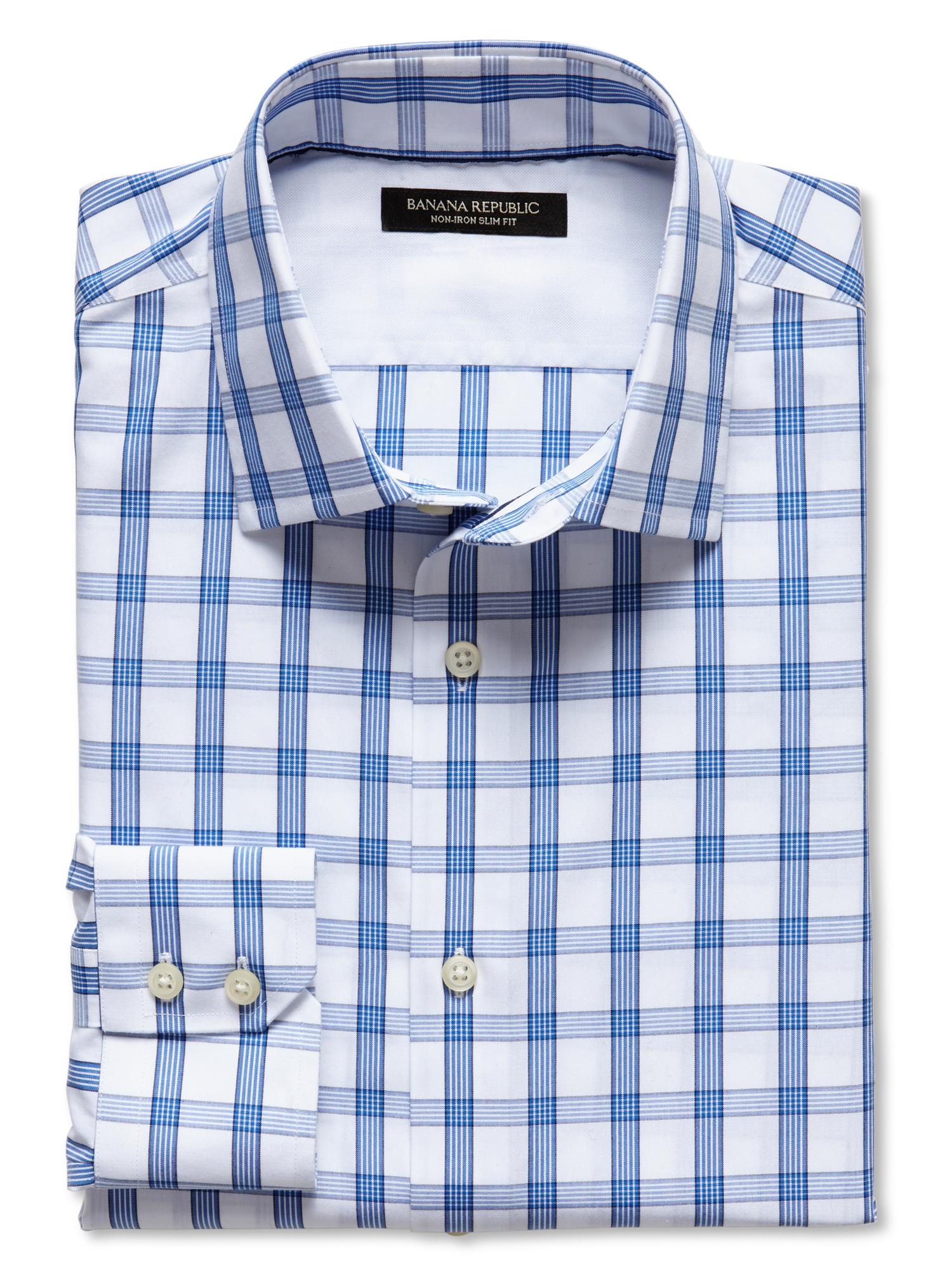 Slim-Fit Non-Iron Blue Windowpane Plaid Shirt