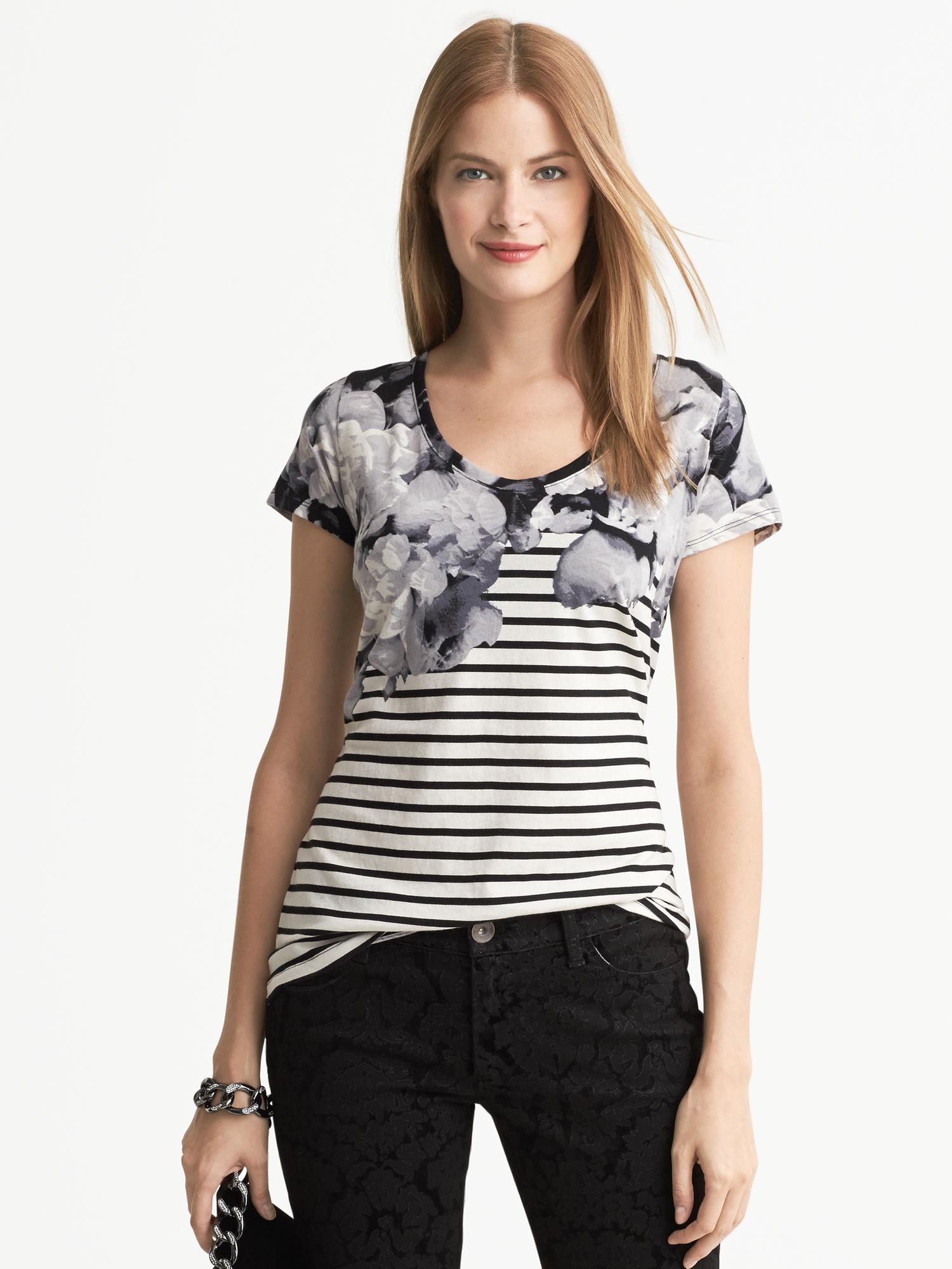 L'Wren Scott Collection Stripes and Peony Print Tee