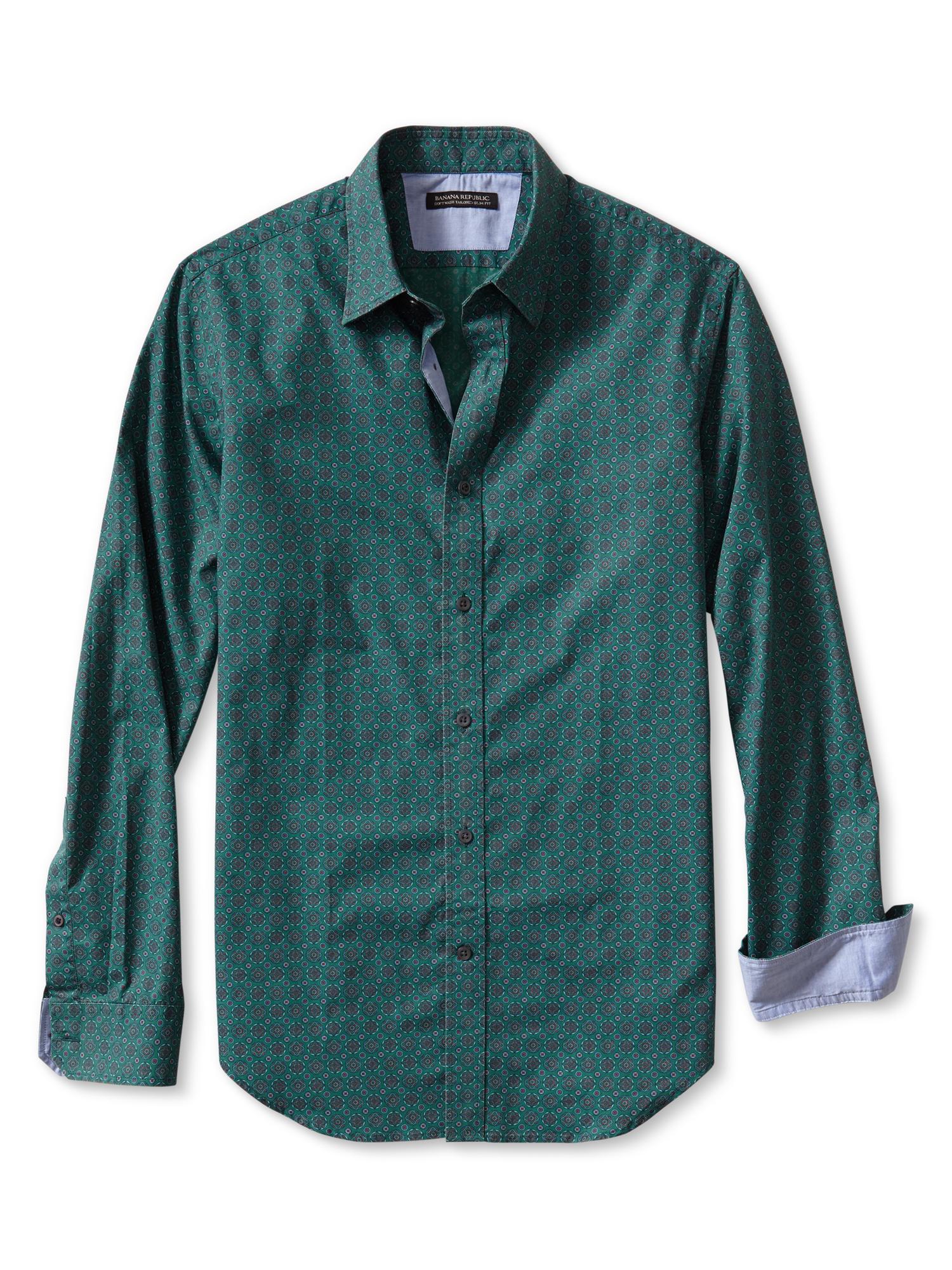 Tailored Slim Fit Soft Wash Green Print Shirt Banana Republic