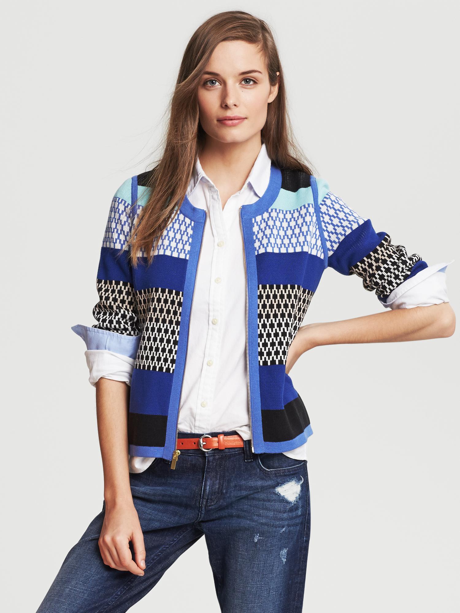 Patterned-Stripe Zip-Front Cardigan