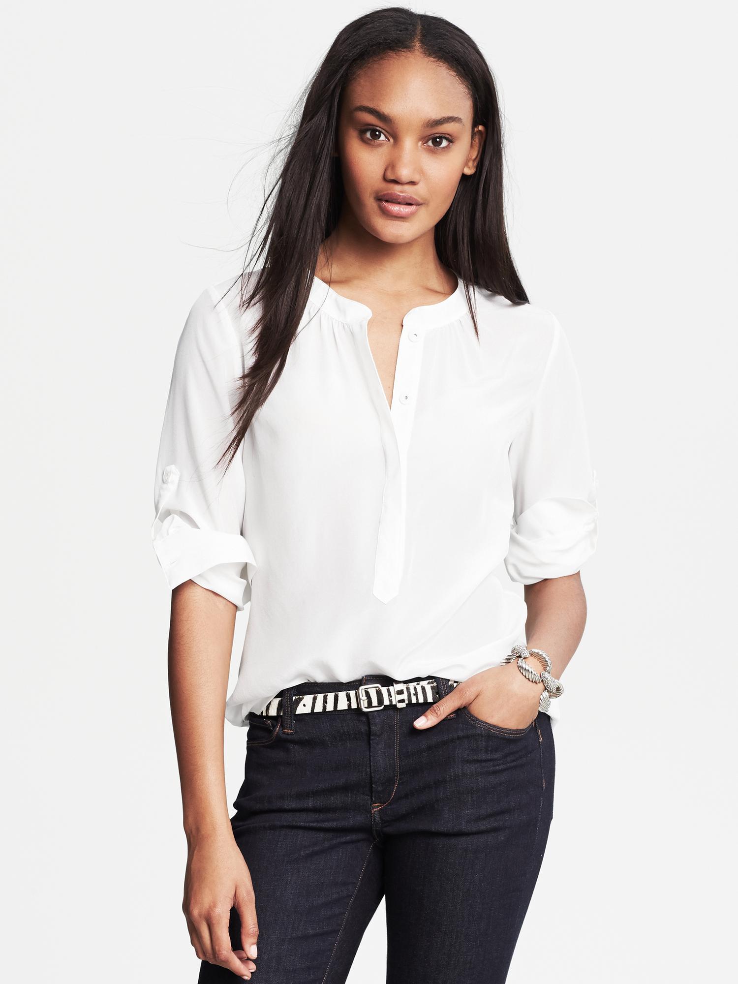 White Silk Snap-Front Blouse