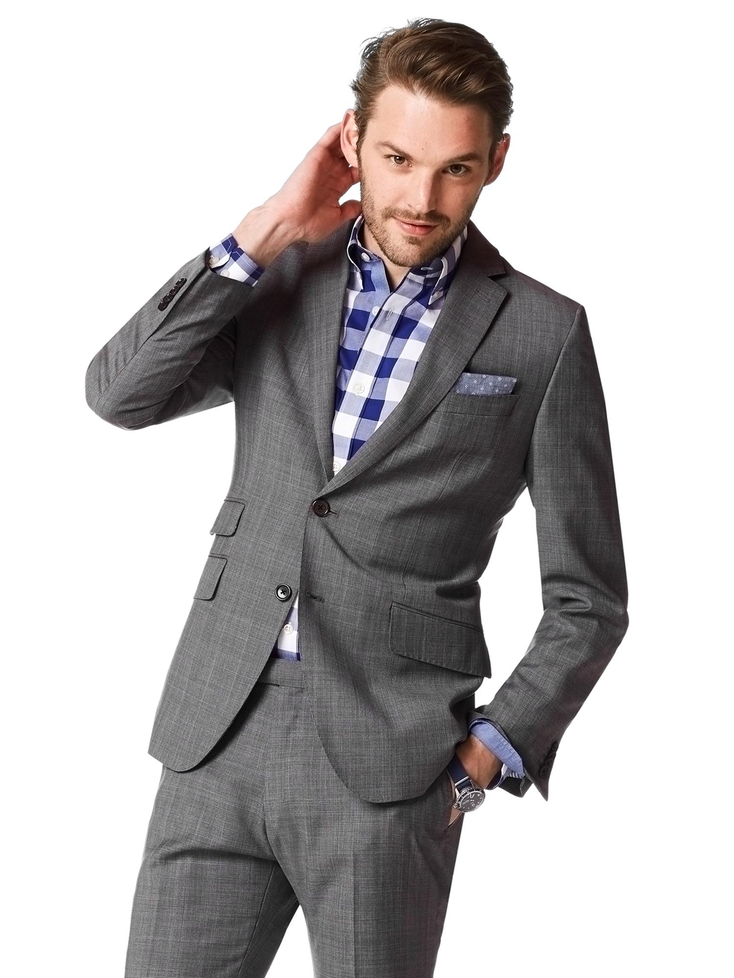 Modern Slim-Fit Grey Plaid Wool Suit Jacket