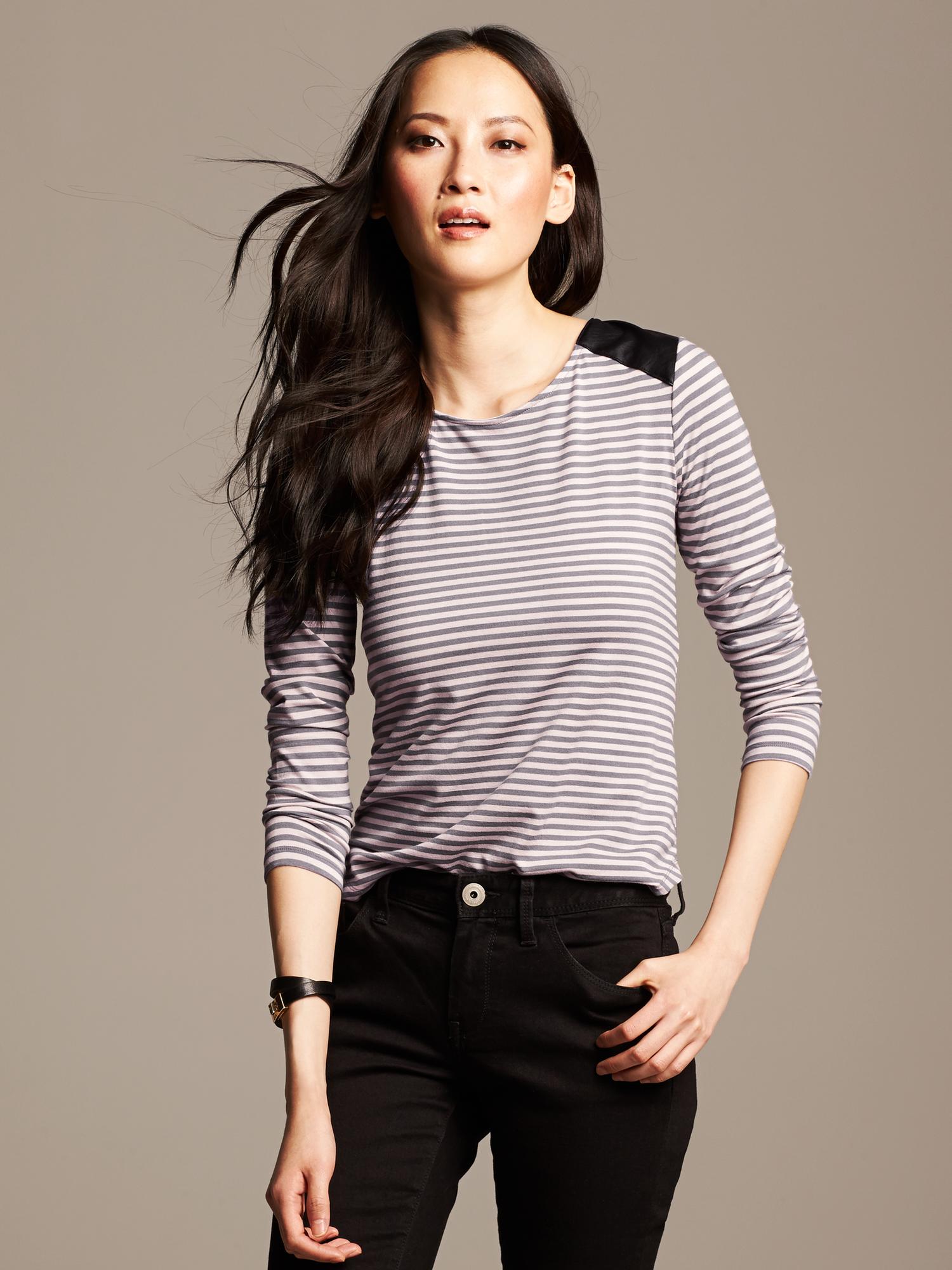 Faux-Leather Trim Striped Top