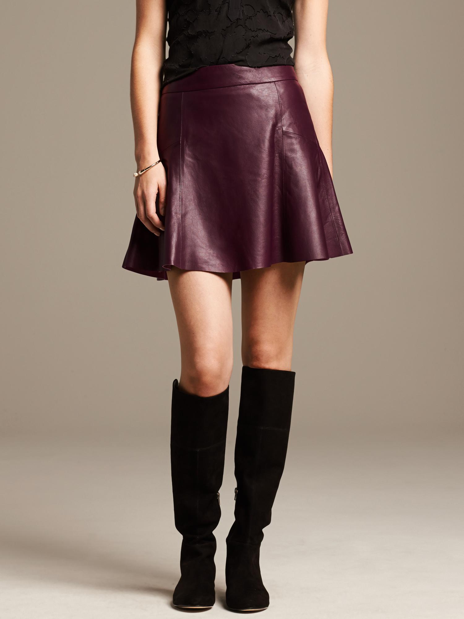 Burgundy Leather Fit-and-Flare Skirt