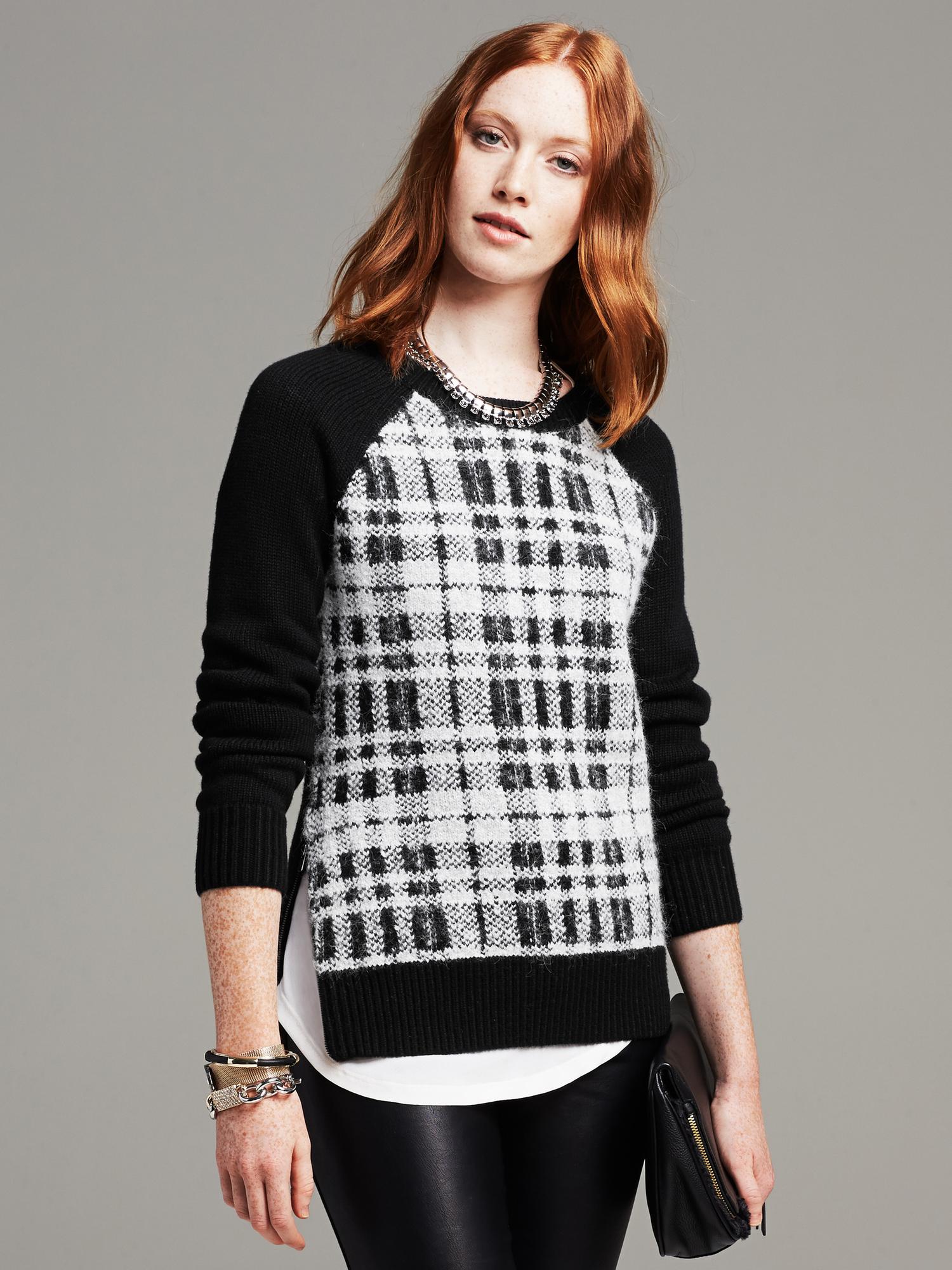 Plaid-Front Crew Pullover