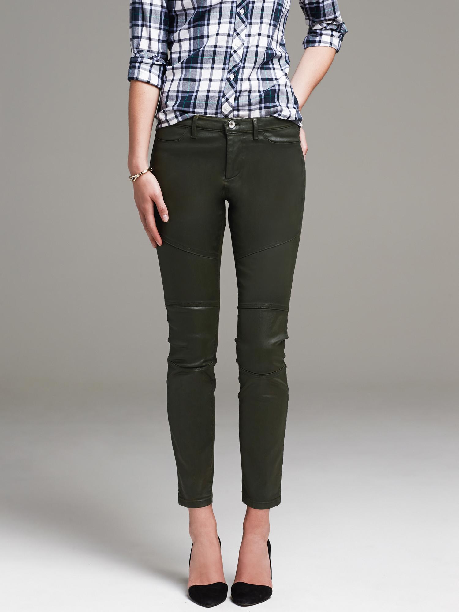 Coated Green Sateen Skinny Ankle Pant