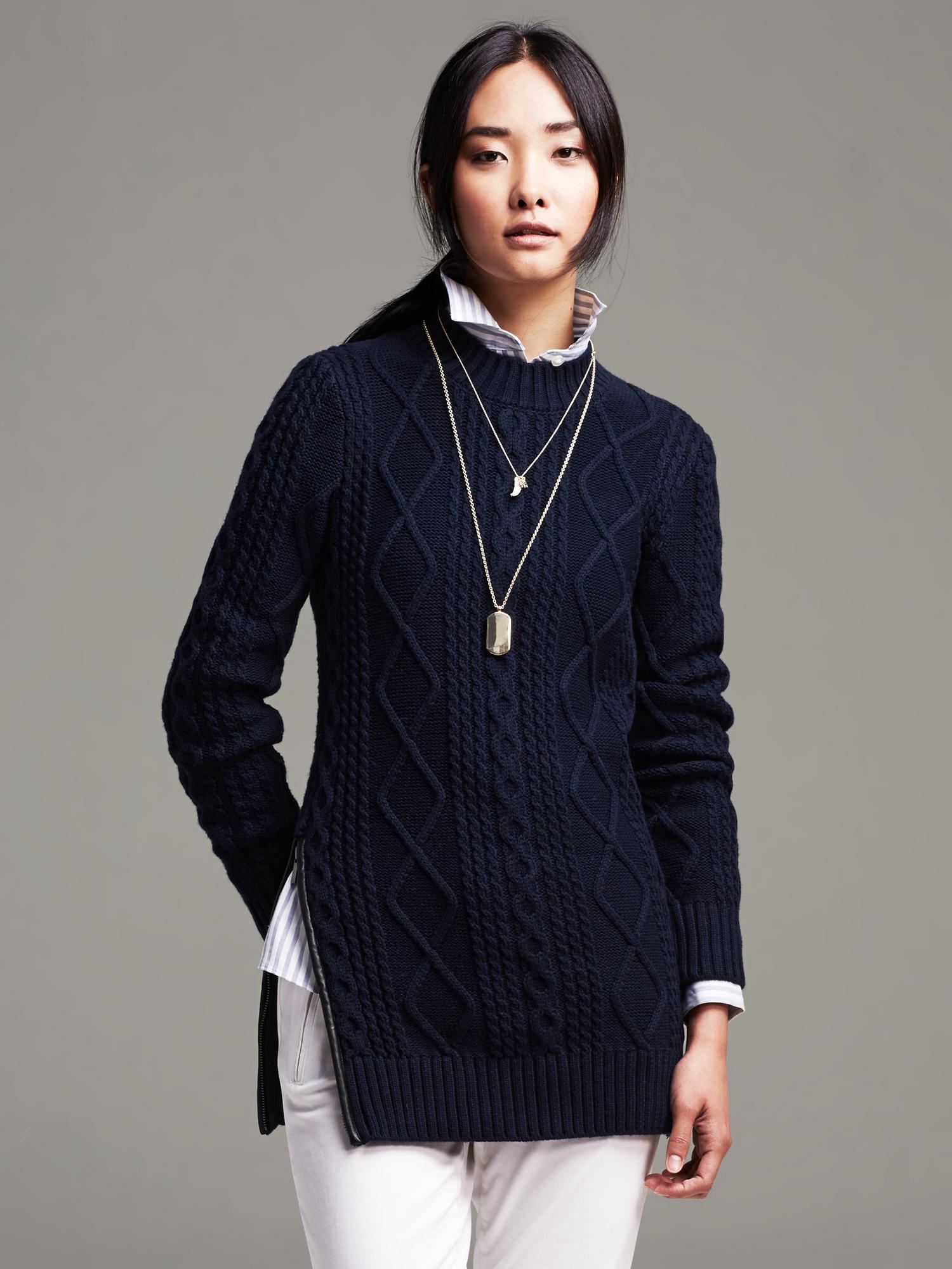 Faux-Leather Trim Cable-Knit Pullover