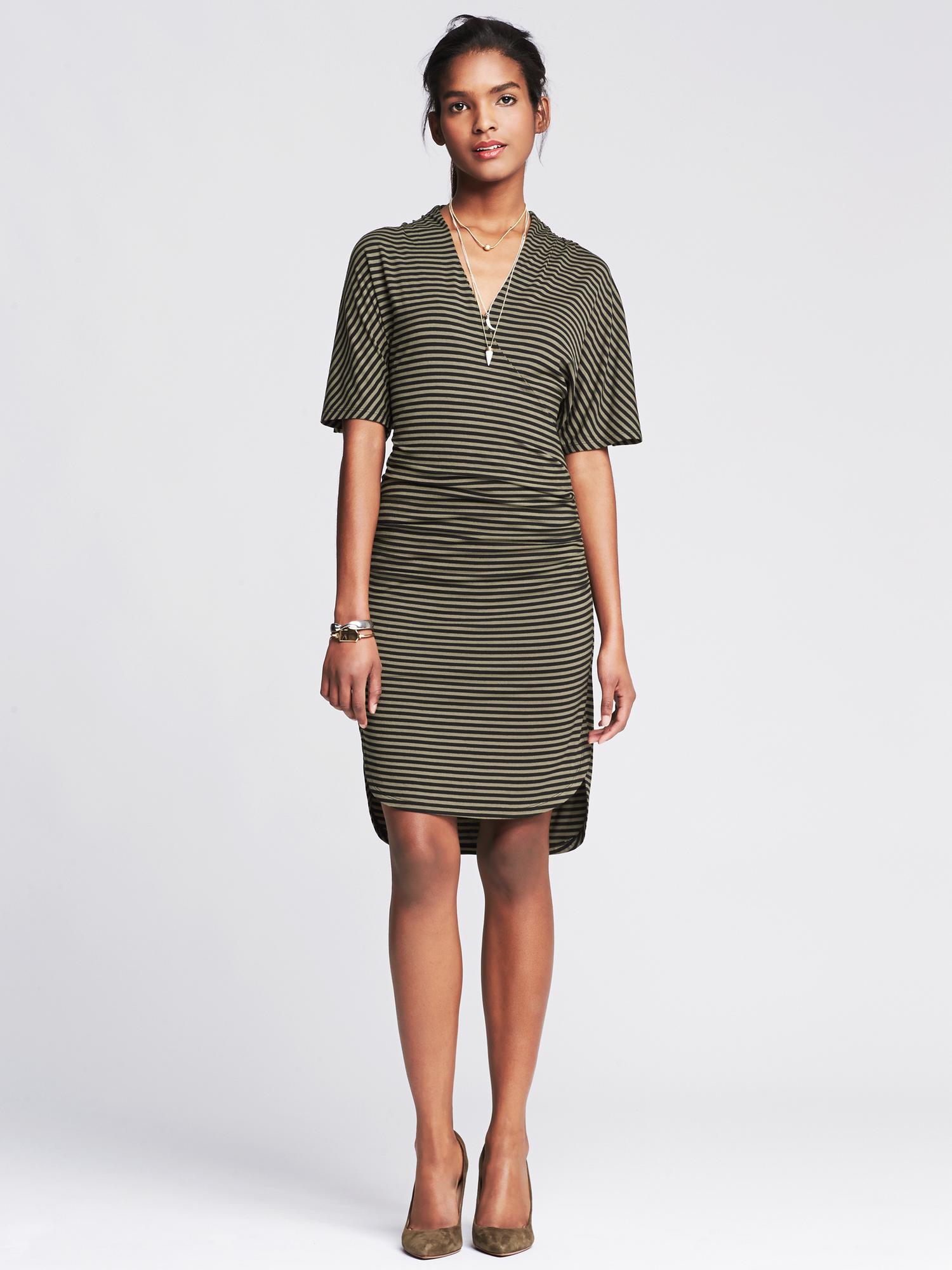 Shirred Stripe Faux-Wrap Dress