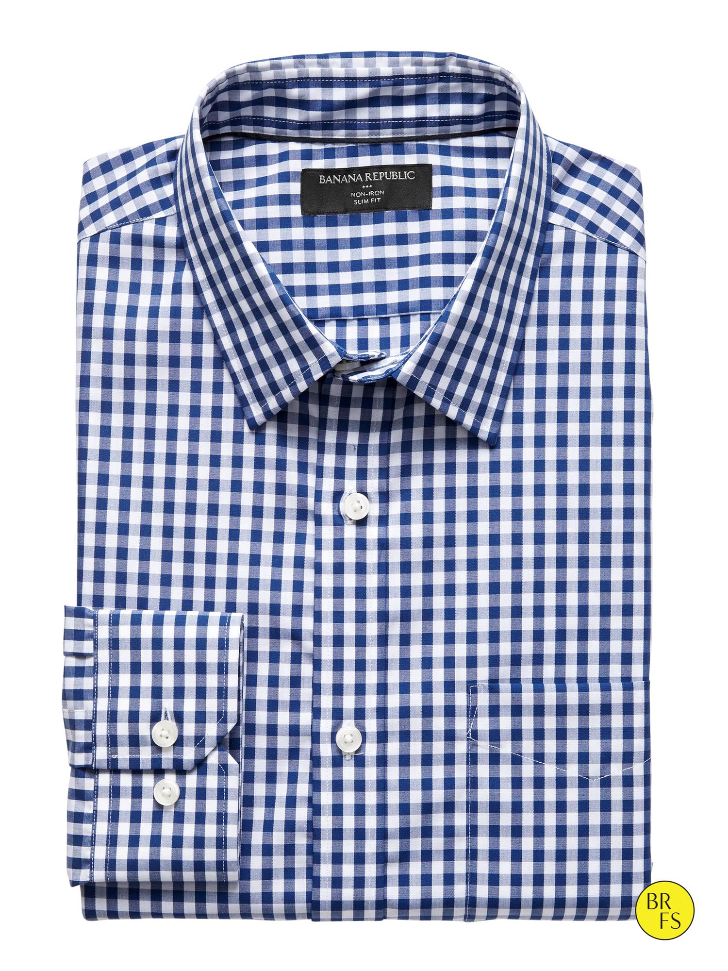 Factory Slim-Fit Non-Iron Blue Gingham Shirt