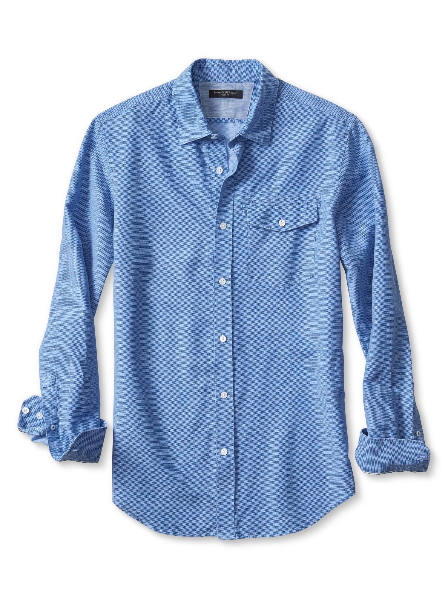 Slim-Fit Blue Chain Linen Cotton Shirt