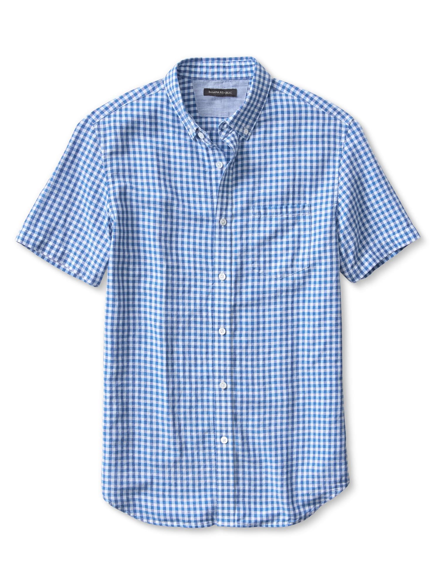 Slim-Fit Gingham Linen Cotton Short-Sleeve Shirt