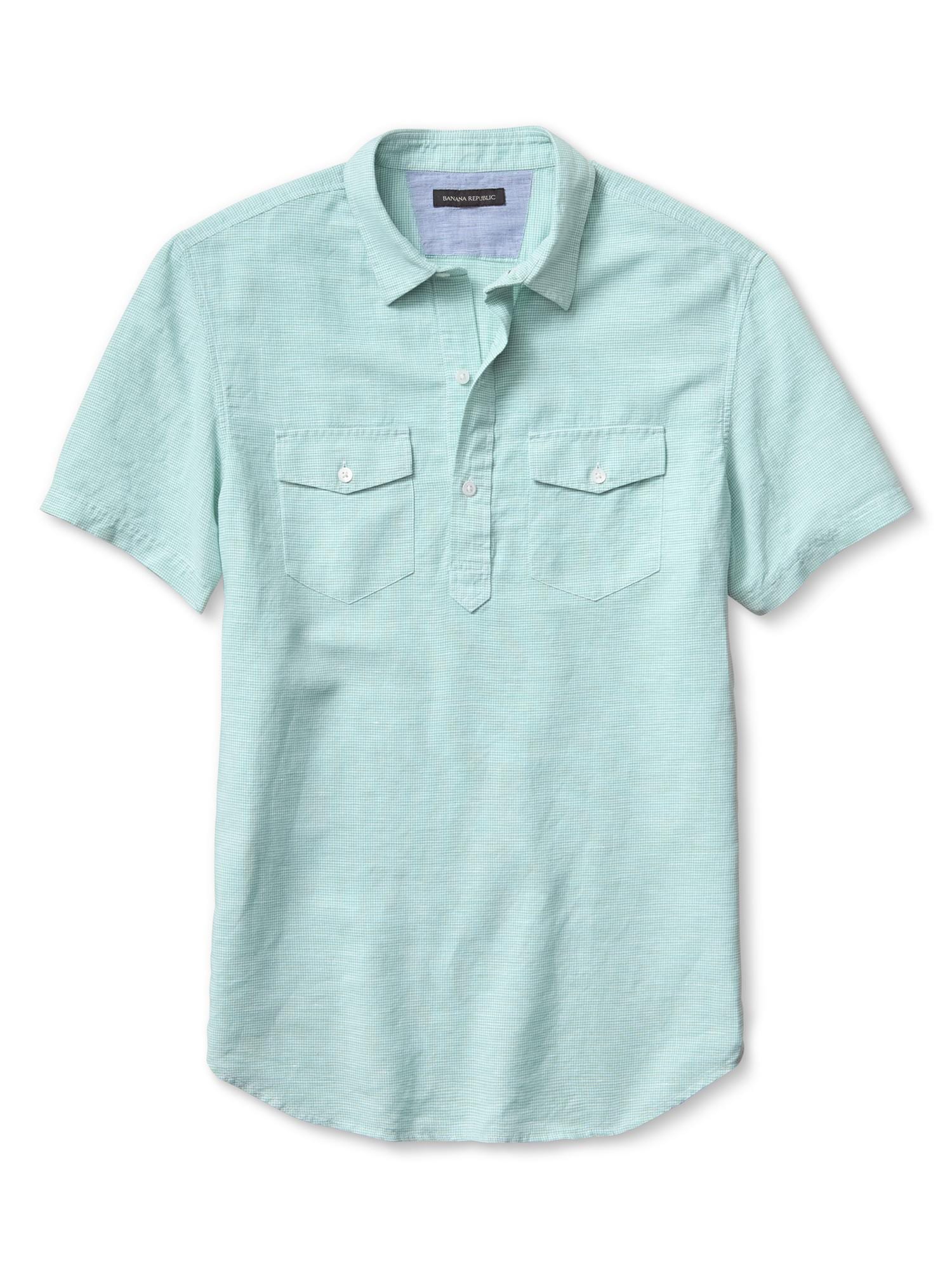 Slim-Fit Herringbone Linen Cotton Popover Shirt