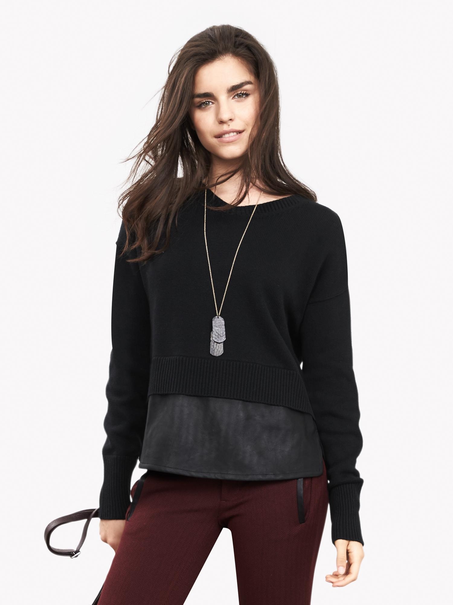Faux-Leather Shirttail Pullover