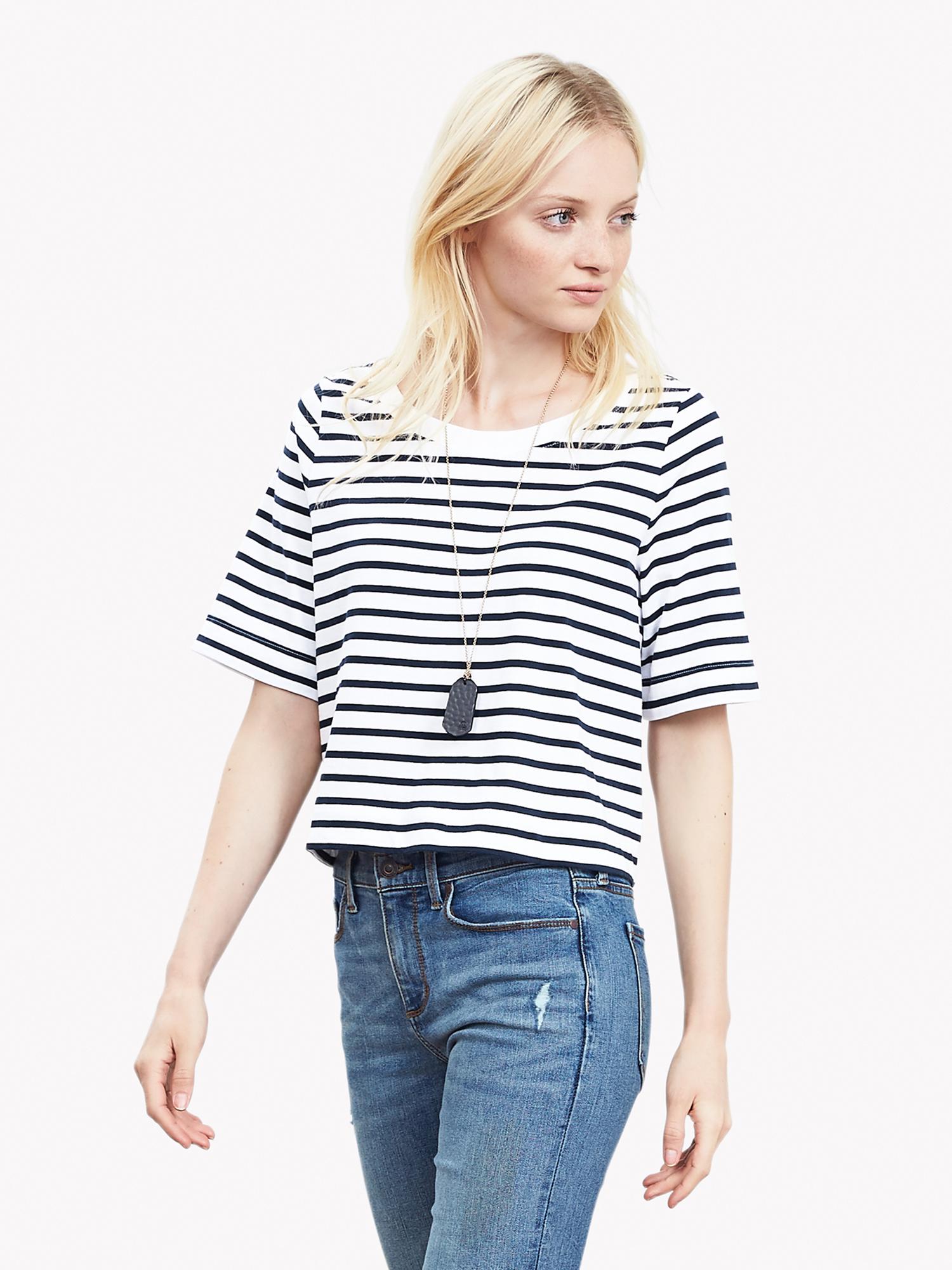 Striped Elbow-Sleeve Cropped Tee
