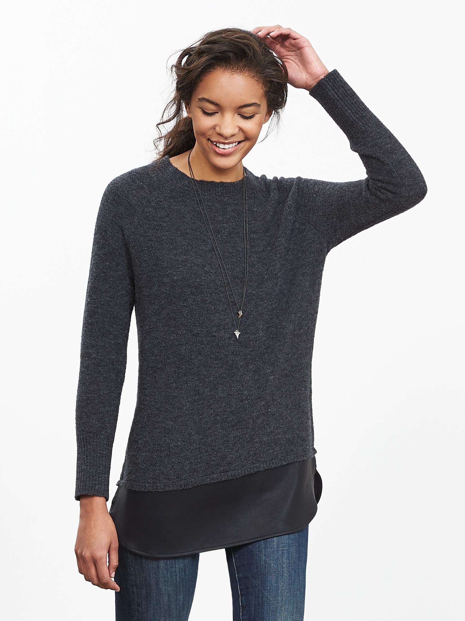Faux-Leather Trim Pullover