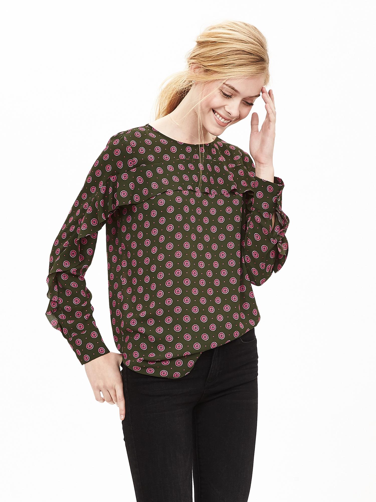 Printed Ruffle-Front Blouse