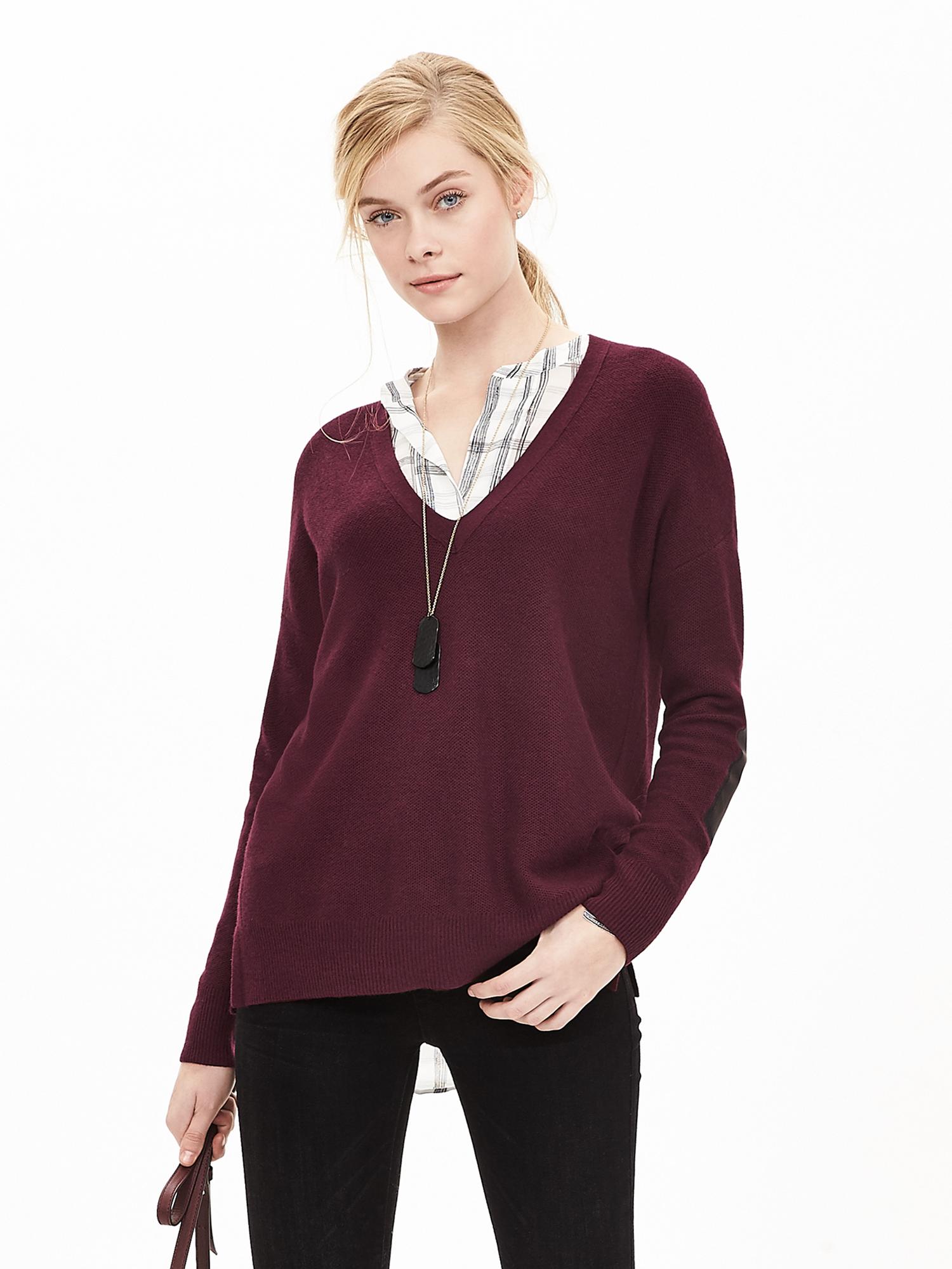 Elbow-Patch Vee Pullover