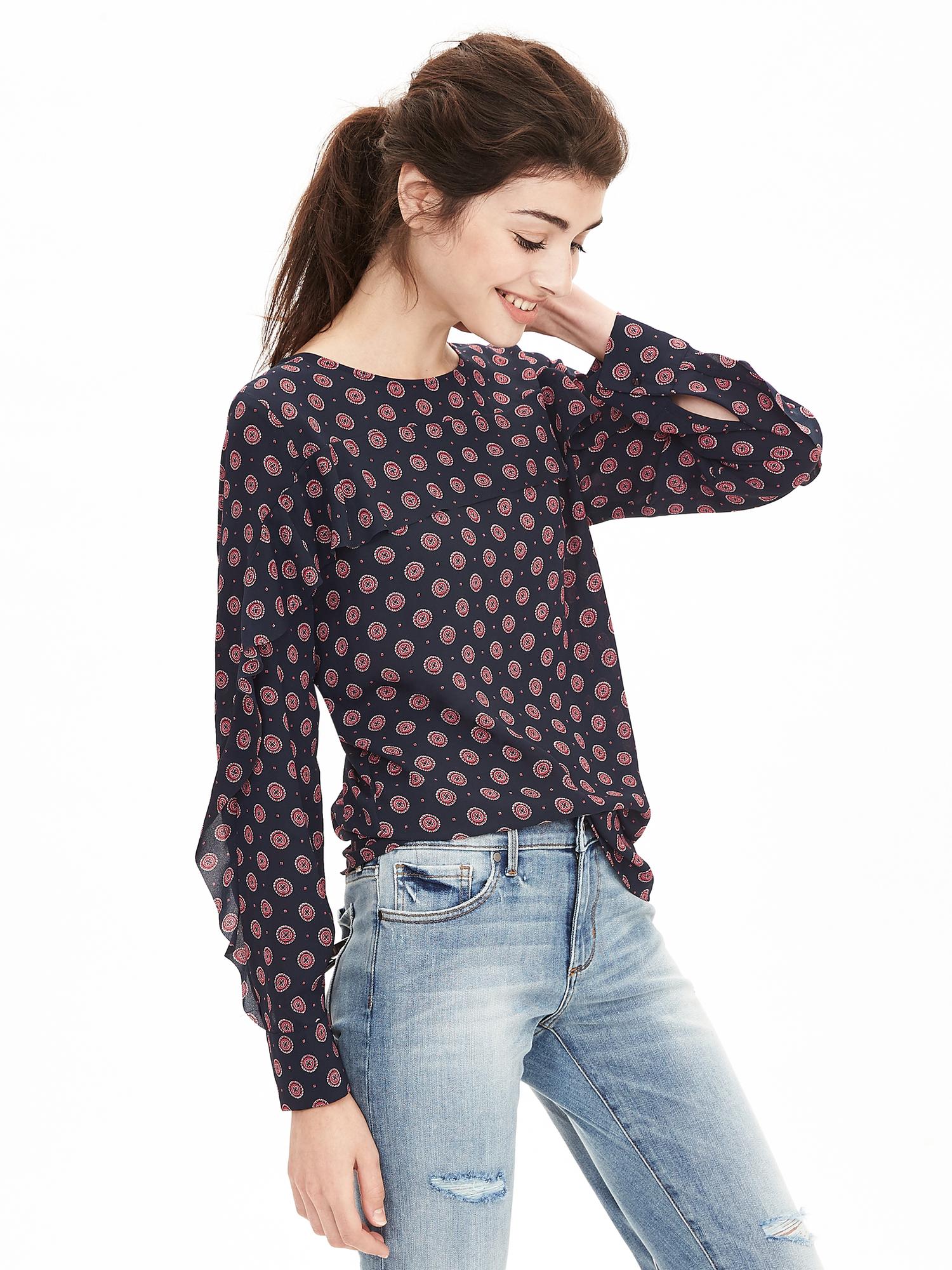 Printed Ruffle-Front Blouse