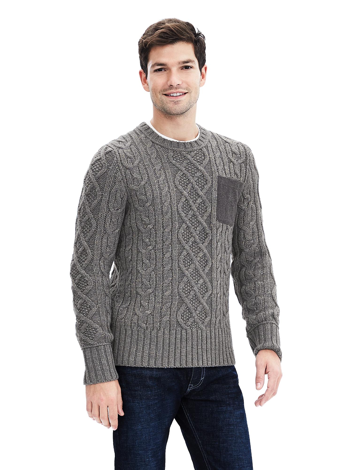 Heritage Gray Cable-Knit Pocket Crew Pullover
