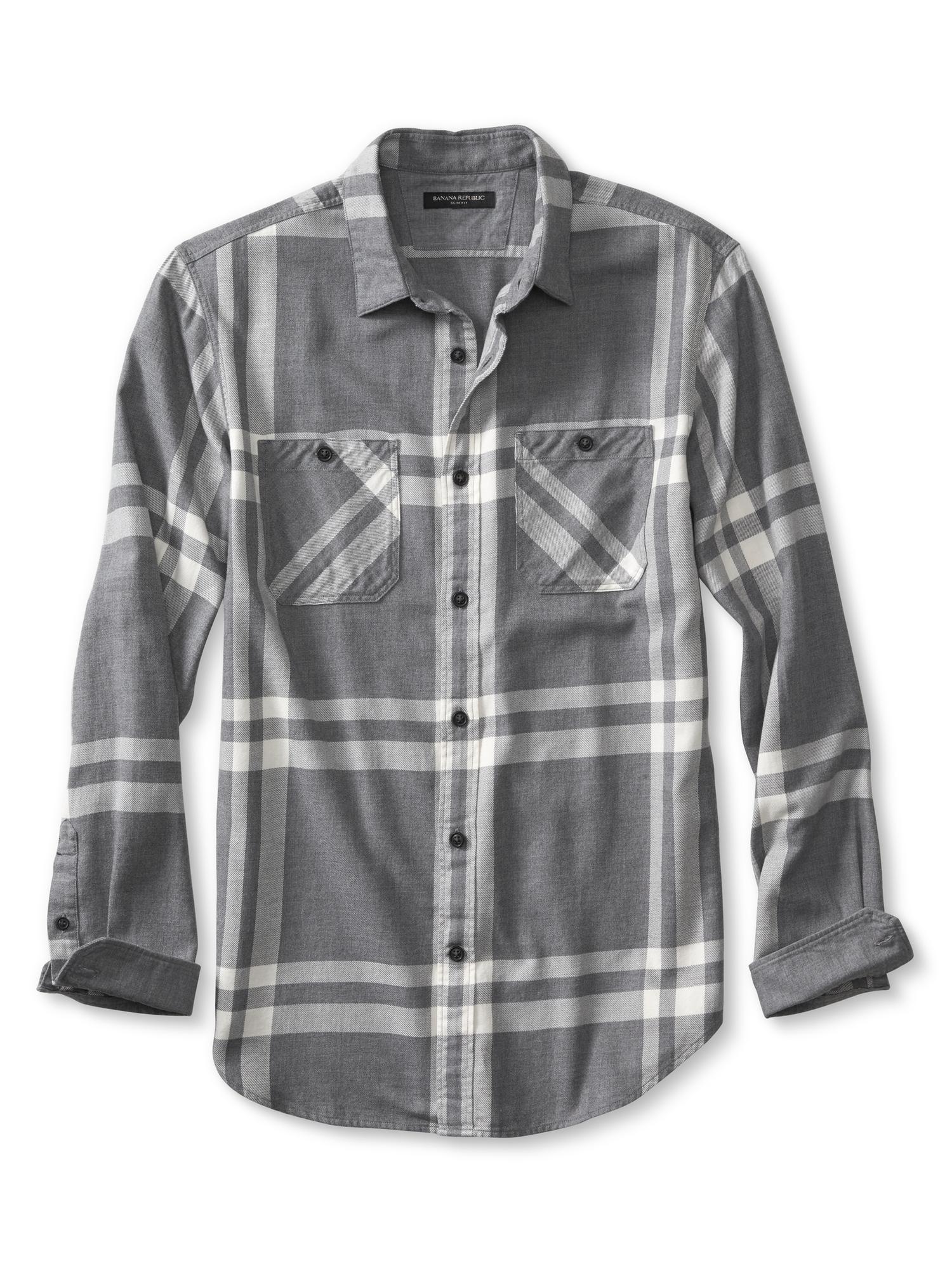 Slim-Fit Gray Check Flannel Shirt